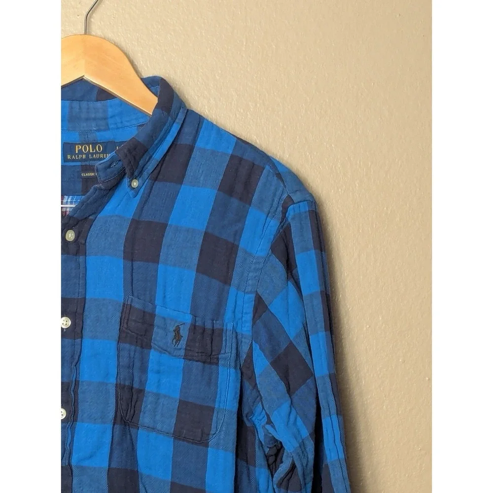 Polo Ralph Lauren Plaid Button Down Shirt Blue‎ Classic Fit Cotton Mens L